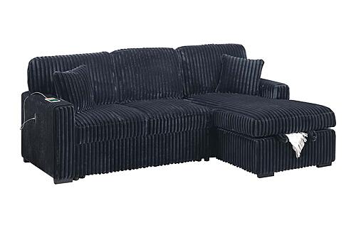 F8574 Fabric 2-Piece Convertible Sectional Sofa Set w/Usb Ports & 2 Accent Pillows Black by Poundex