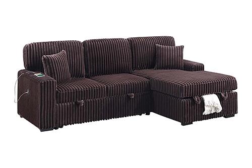 F8575 Fabric 2-Piece Convertible Sectional Sofa Set w/Usb Ports & 2 Accent Pillows Coffee by Poundex