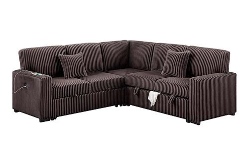 F8576 Fabric 3-Piece Convertible Sectional Sofa Set w/2 Accent Pillows Chocolate by Poundex