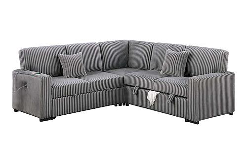 F8577 Fabric 3-Piece Convertible Sectional Sofa Set w/2 Accent Pillows Smoke by Poundex