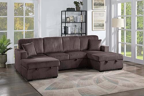F8579 Fabric 3-Piece Convertible Sectional Sofa Set w/2 Accent Pillows Chocolate by Poundex