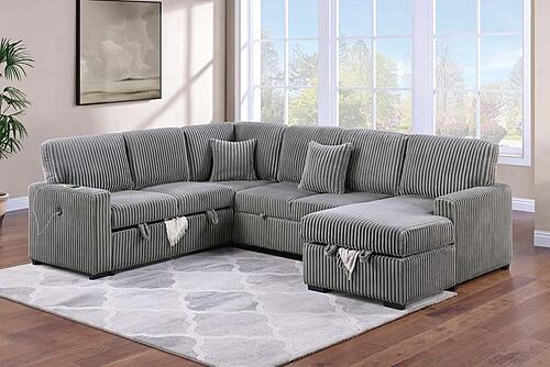 F8585 Fabric 4-Piece Convertible Sectional Sofa Set w/2 Accent Pillows Smoke by Poundex