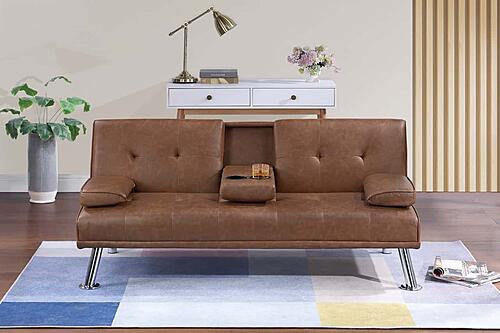 F8590 Faux Leather Convertible Sofa w/Fold-Down Table Brown by Poundex