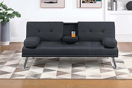 F8595 Polyfiber Convertible Sofa w/Fold-Down Table Black by Poundex