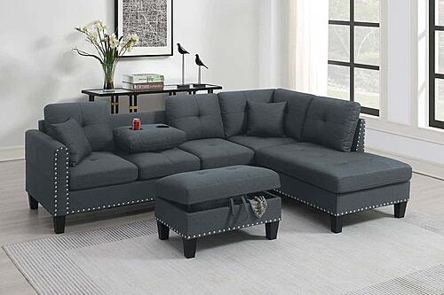 F8886 Linen-Like Fabric 3-Piece Sectional Sofa Set Charcoal by Poundex