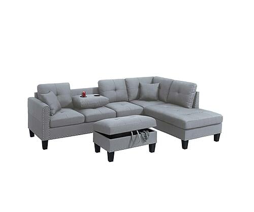 F8887 Linen-Like Fabric 3-Piece Sectional Sofa Set Taupe Gray by Poundex