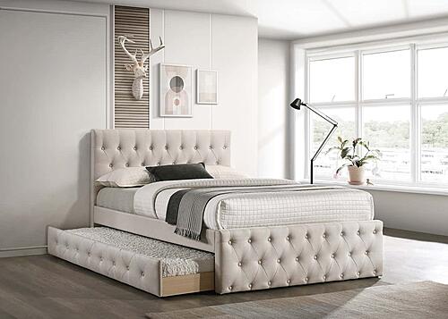 F9517F Fabric Upholstred Full Bed w/Trundle Light Brown by Poundex