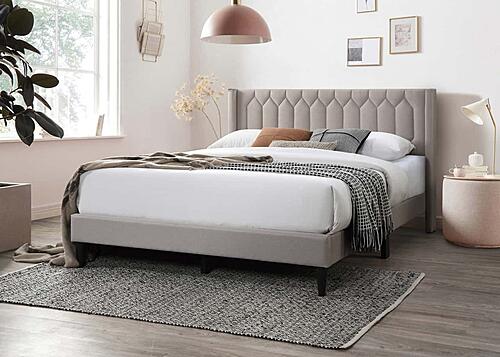 F9653F Fabric Upholstered Full Bed Light Brown by Poundex