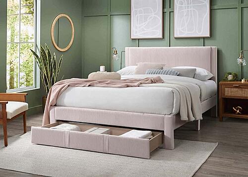 F9659F Fabric Upholstered Full Bed Light Pink by Poundex