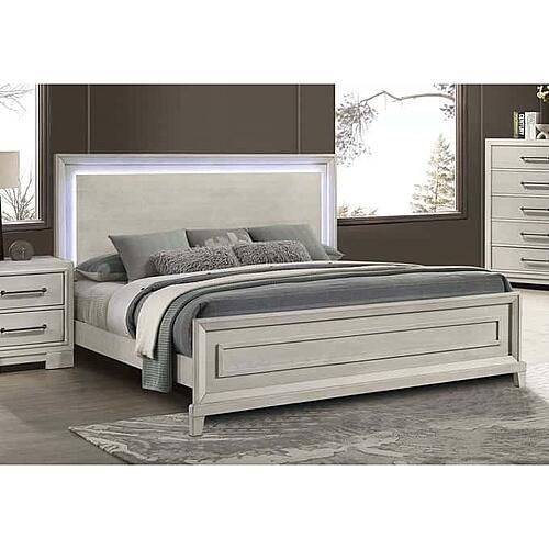 F9673EK Wood Eastern King Bed w/Led Antique White by Poundex