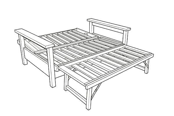 Bi-fold lounger frame in bed position