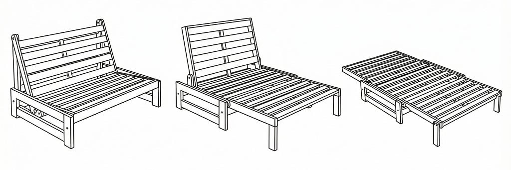 Tri-fold A-Frame futon shown in seating, lounge, and bed positions