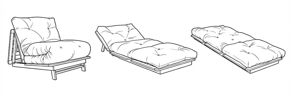 Tri-fold futon shown in seating, lounge, and bed positions